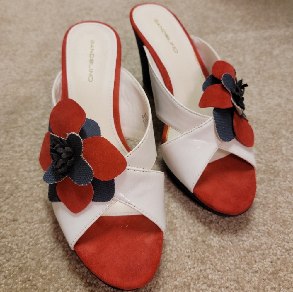 Bandolini, Red/White/Blue open toed heels, Size 7.5 M